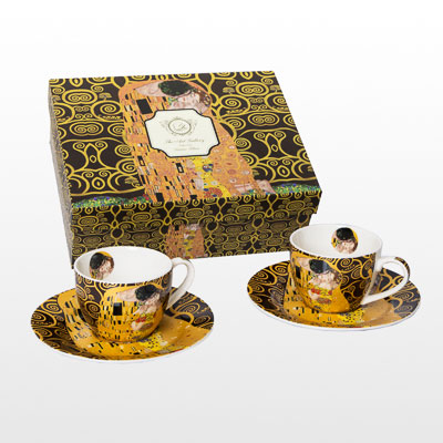 Gustav Klimt set of 2 espresso cups and saucers : The Kiss (on Tree of Life background, Dark)