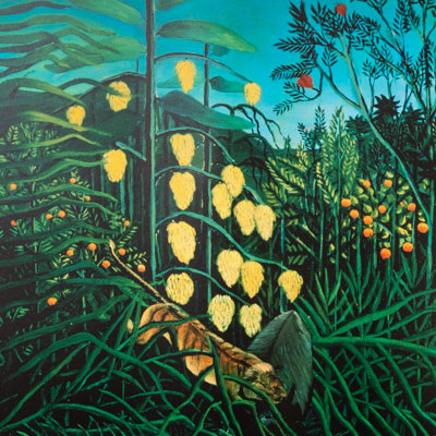 Póster Fine Art de Henri Rousseau: Selva Tropical: Tigre y Búfalo en Batalla (1908)