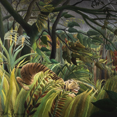 Stampa d'Arte di Henri Rousseau: Sorpresa! Tigre in una tempesta tropicale (1891)