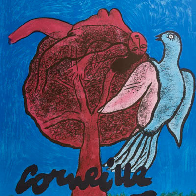 Affiche en lithographie de Guillaume Corneille : L'arbre rouge et l'oiseau bleu (2001)